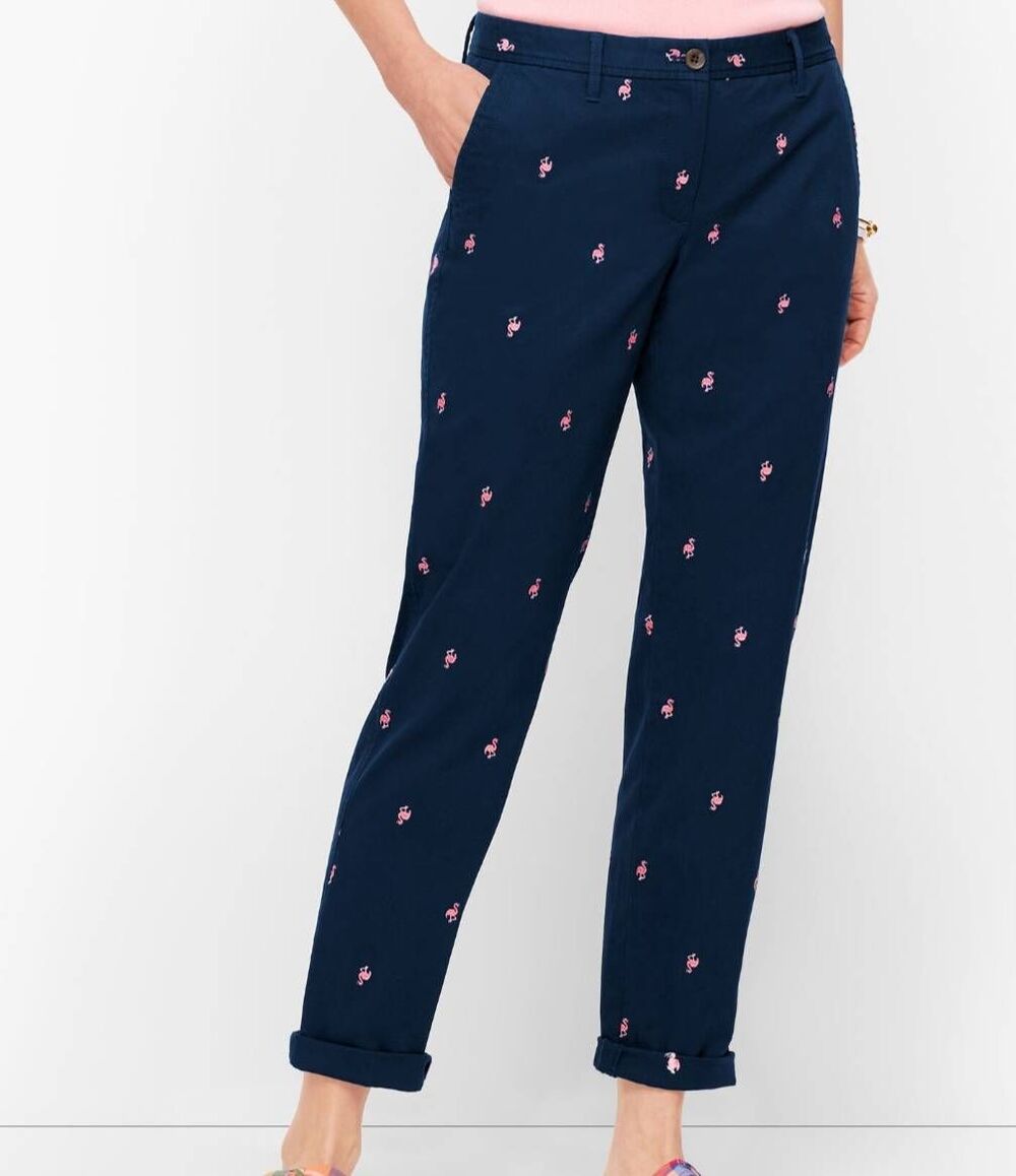 Talbots Pants Women's 10 Blue Relaxed Chinos Embroidered Flamingo Mid Rise